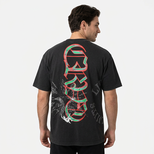 Oversized <b>Men's</b> Black T-Shirt With Red Green Letter Print Back Design Streetwear Style Short Sleeve O-Neck Jersey Fabric - Product Image 6