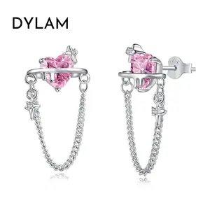 Dylam Wholesale Price New Design S925 Silver Huggies Earring Pink Color Love Heart Shaped Tassel Stud Earrings For Women