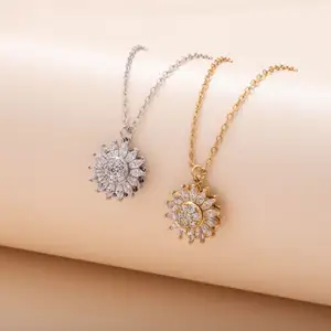 Stainless Steel Chain Necklace Copper Plated Shiny Zircon Rotating Spinning Sunflower Pendant Necklace