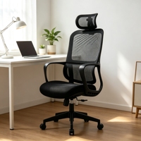 Chaise de bureau moderne à dossier haut en maille, appui-tête réglable, design ergonomique, fonction pivotante, hauteur réglable, poste de travail de bureau