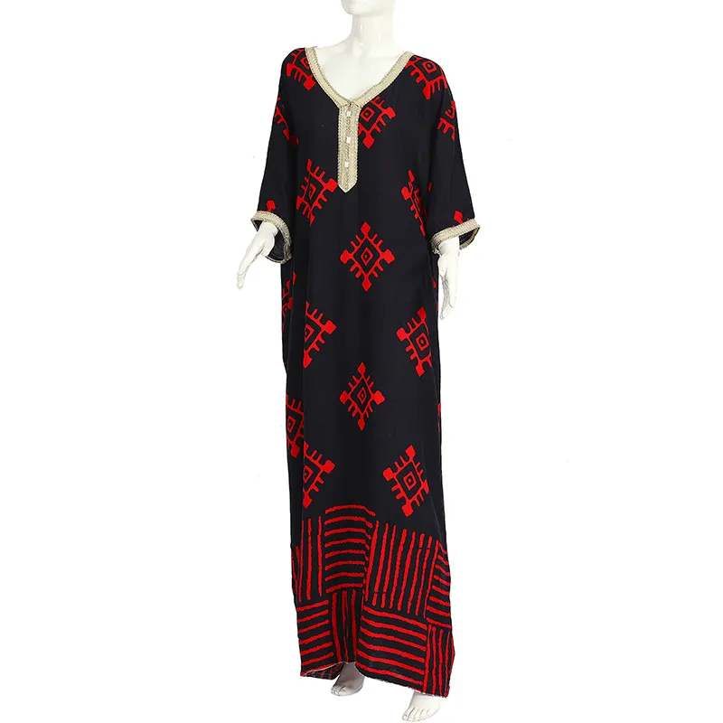 Vestido musulmán largo de estilo africano para mujer, caftán abaya de Dubái, ropa islámica, Túnica transpirable con estampado turco negro