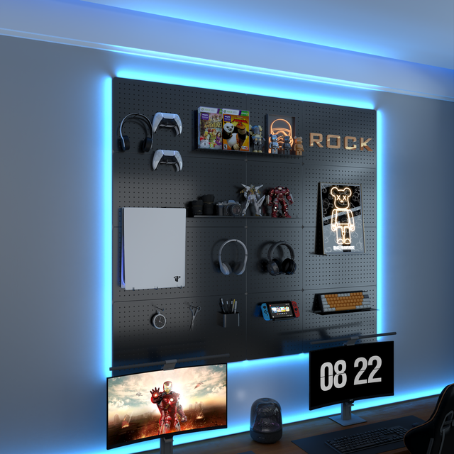 Modern Wall Mounted Gaming Organizer Pegboard Shelf with Hooks Black Hanging Over the Computer Desk Gaming Pegboard