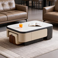 Table basse moderne de luxe avec plateau en pierre microcristalline, placage bois, finition laquée, tiroir de rangement pour salon