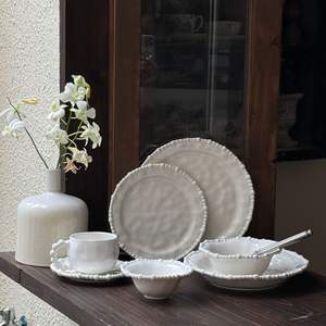 Assiettes à dîner en porcelaine irrégulière à bord perlé, vaisselle en céramique, bols à soupe, plats, tasses, ensemble de vaisselle - Product Image 1