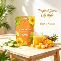Sachets Doypack Orange Vif en Gros avec Imprimés Floraux Tropicaux et Agrumes pour l'Emballage de Purée de Fruits et Jus en Général
