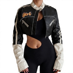 Women's PU <b>Leather</b> Cropped Moto <b>Jacket</b> | Racing Style Faux <b>Leather</b> <b>Jacket</b> | Wholesale Manufacturer - Product Image 1