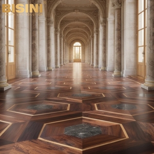 <span class=keywords><strong>Parquet</strong></span> en bois de style italien de luxe, artisanal, motif hexagonal en marbre foncé, bois de rose Santos, laiton, chambre à coucher, salon - Product Image 2