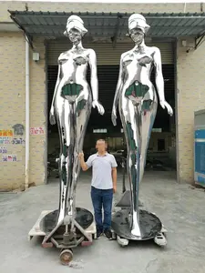 सजावट इनडोर आउटडोर भविष्य प्रौद्योगिकी आधुनिक धातु शिल्प घूर्णन एलईडी लाइट रोबोट महिला स्टेनलेस स्टील मूर्तिकला