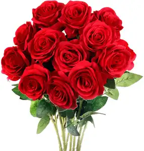 Flores artificiales de boda, rosas individuales, tacto Real, seda de terciopelo de alta calidad, rosas blancas a granel para el Día de San Valentín