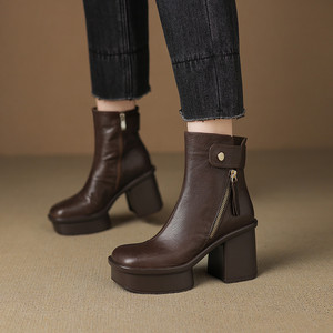 Chaussures en cuir véritable faites à la main, imperméables, à bout carré, couleur unie, élégantes, rétro, décontractées, à talon moyen épais et tendance - Product Image 5