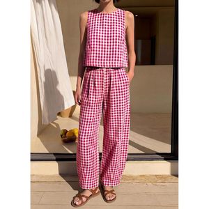 Conjunto de 2 Piezas para Mujer, Top sin Mangas a Cuadros y Pantalones Anchos, Estilo Casual de Verano, Transpirable, de Algodón y Fibra de Bambú - Product Image 4