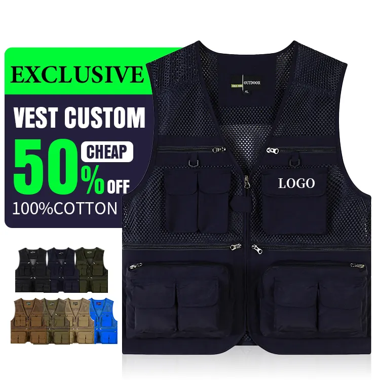 Abbigliamento da pesca all'ingrosso gilet in cotone da uomo escursionismo all'aperto Multi tasca Cargo Design foderato in rete Logo personalizzato colore