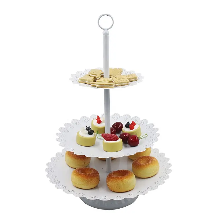 Supporti per torta nuziale 3 livelli White Cupcake Tower vassoi da portata in metallo a strati piatti da Dessert per Tea Party Wedding Birthday