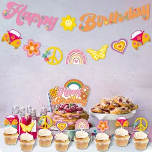 Hippie flor boho 60s groovy, festa de aniversário, feliz aniversário, bandeira e groovy, cupcake, brinquedo, venda imperdível