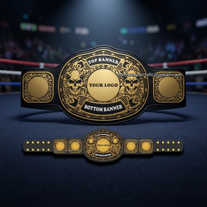 เข็มขัดแชมป์ MMA แบบกำหนดเอง ลายหัวกะโหลก สีทองดำ ทำจาก PU สำหรับทุกเพศ ทนทาน ใช้สำหรับฝึกศิลปะการต่อสู้ - Product Image 2