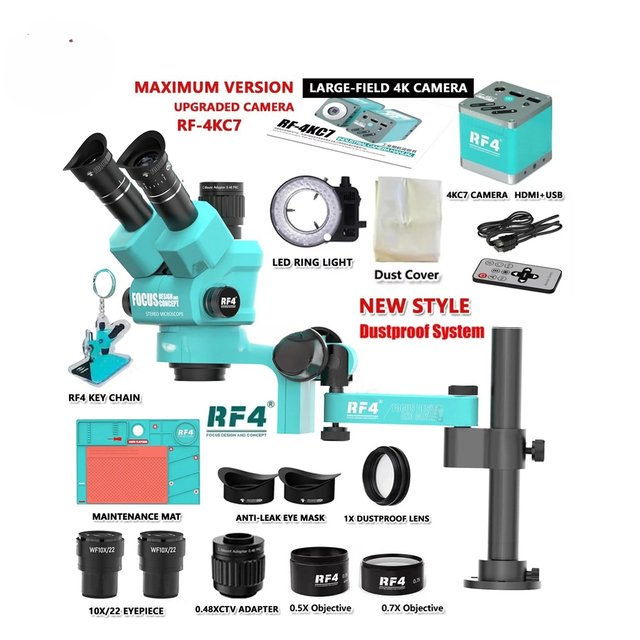 RF4 Dustproof Design 6.5-55X USB 4K Camera Trinocular Stereo Microscope for Mobile Phones PCB Soldering Repair Carbon Steel