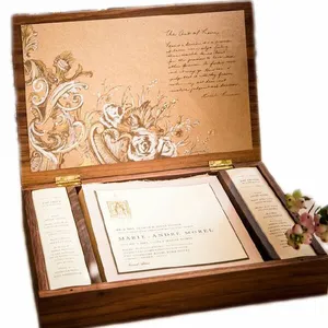 جونجي الجملة الزفاف ديكور صندوق هدية خشبي دعوة زفاف جناح صندوق تذكار محفورة دعوة الخشب مربع