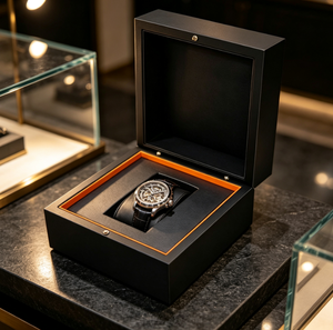Boîte à montre simple en cuir PU de luxe, étui de rangement pour montre-bracelet à ouverture à charnière avec intérieur orange pour emballage cadeau de montre-bracelet - Product Image 4