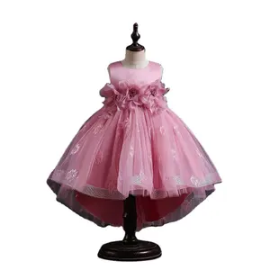 Fluffy Mesh Dress Criança sem mangas cor sólida Trail 3D Flower Dress Princesa Fluffy Dress New Girls