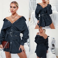 2021 autunno inverno di abbigliamento slash neck manica lunga della signora delle donne sexy del denim blue jeans abiti vintage retro vestito con vita borsa