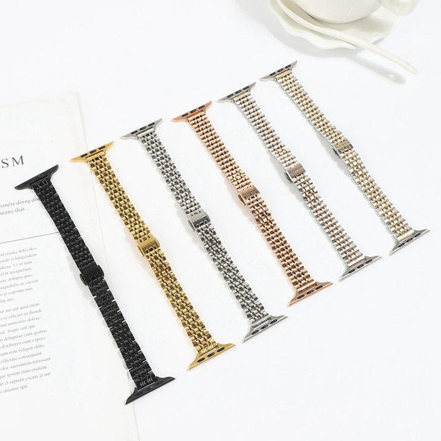 14mm Slim Stainless Steel Watch Band for Apple Watch Series 7 6 5 4 3 2 1 Seven Beads Replacement Watch Strap