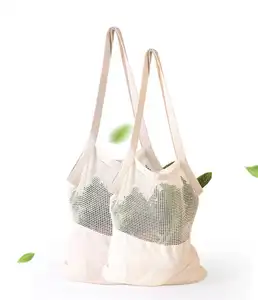 Yeniden kullanılabilir organik pamuk örgü alışveriş çantaları çevre dostu pamuk file çanta sebze pamuk örgü askılı çanta promosyon için