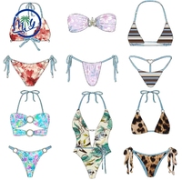 Op maat gemaakte geprinte gerimpelde diamanten halternek V-string 2-delige bikini badpak milieuvriendelijk anti-chloor duurzaam groothandel
