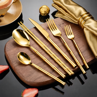 Ensemble de couverts en acier inoxydable 304 avec manche en bambou, couteau, fourchette, cuillère dorés et argentés, échantillon pour restaurant, mariage, fête