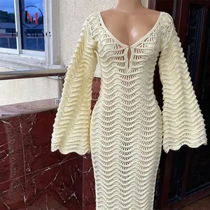 LIANMENG A119 Latest Dress Designs Pictures Engagement Women Maxi Long Sleeve Crochet Dress