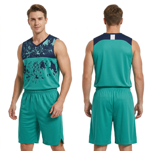 Ensemble de maillots de basket sans manches pour hommes, bleu sarcelle, imprimé par sublimation, évacuation de l'humidité, coupe athlétique, toutes saisons - Product Image 1