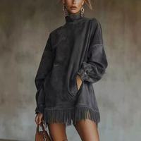 Robe mini ample marron à col montant et ourlet à franges pour femme, tunique à manches longues avec poches, vente en gros personnalisée
