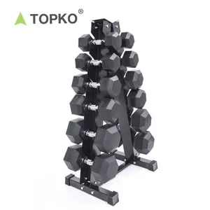 Topko Groothandel Custom Logo Zwart Rubber Hexagonale Dumbbells Home Gym Gebruik 10 Kg 30Kg 50Kg Hex Dumbbell Set Met Rack