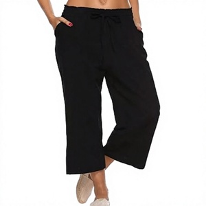 Pantalones de Mujer de Cintura Alta, Pierna Ancha, con Cordón, Largos hasta el Tobillo, Color Negro Sólido, Tejido de Algodón, Corte Holgado Informal, para Verano - Product Image 4