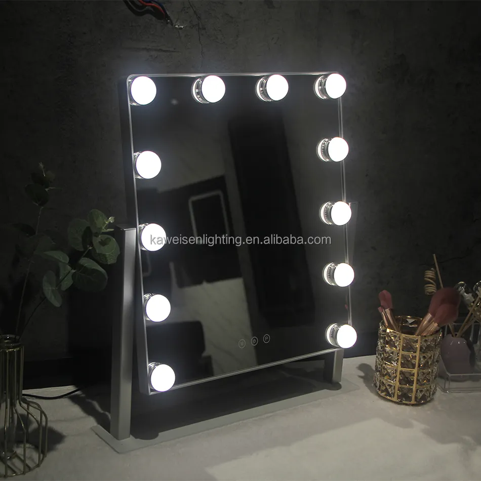 Gaya Vertikal Baru 12 Bohlam LED Hollywood Melengkung 360 Derajat Putar Led Cermin Rias Kosmetik Cermin Rias dengan Lampu