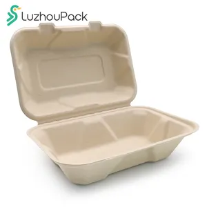 LuzhouPack 9*6*3 lunch box sugarcane bamboo pulp take away tableware disposable unbleached