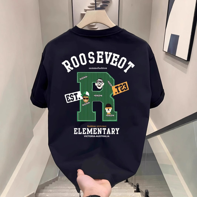 250 g Cotton New Fashionable Men's Letter R Printed Casual Short-sleeved Top Heavy Cotton Round Neck T-shirt