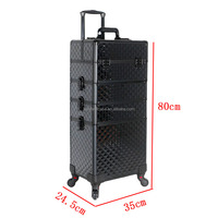 Valise de maquillage 4 en 1 sur roulettes, boîte à cosmétiques roulante avec porte-éponge à vernis à ongles, organisateur de coiffeur, organisateur de tatouage, chariot de voyage
