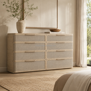 Cómoda Japandi Premium de Roble Blanco Macizo con 10 Cajones e Incrustaciones de Ratán, Perfil Curvo de Lujo, Estilo Arquitectónico Moderno Orgánico - Product Image 5