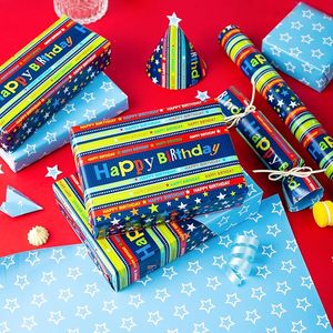 <b>Blue</b> striped star birthday happy gift wrapping <b>paper</b> Suitable for packaging birthday gifts for friends and children Customizable - Product Image 1