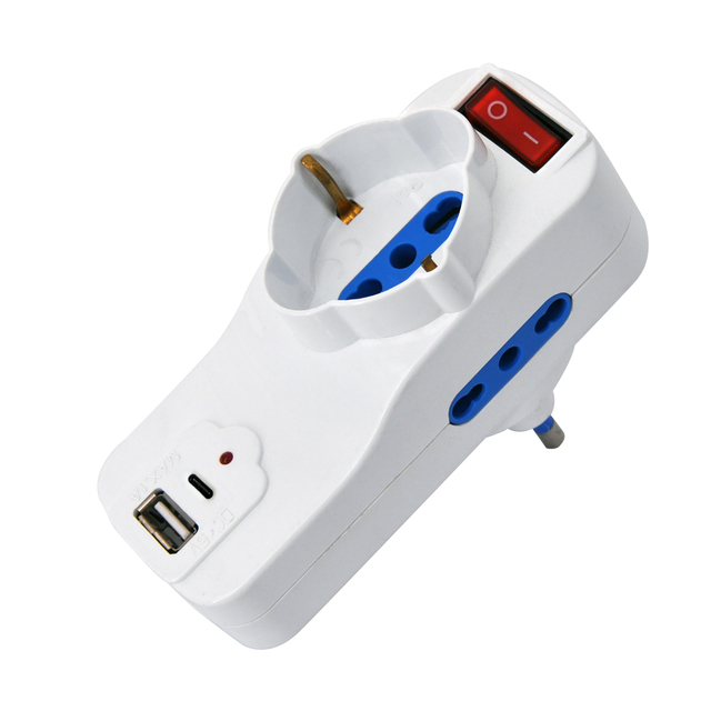 Rotating Adapter, 16A Plug With 2 USB Connections and 2 Pcs 10/16A  Sockets + 1 Pc Schuko Socket  With Switch