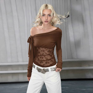 Camiseta Sexy de Manga Larga con Hombro Descubierto y Encaje para Mujer, Negra, Ajustada, Transparente, Informal, de Moda - Product Image 4