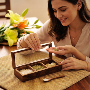 Boîte à épices en bois antique avec 4 récipients et cuillère, compatible lave-vaisselle et écologique, pour le rangement des masala dans la cuisine - Product Image 1