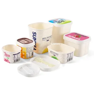 Embalagem de papel impressa biodegradável, embalagem de papel de qualidade alimentar, recipiente retangular de creme de gelo com tampa de papel