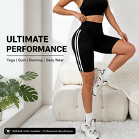 Shorts de yoga taille haute personnalisés avec logo pour femme, contrôle du ventre, style cycliste, deux bandes blanches, pour fitness et cyclisme
