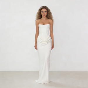 Abiti da Donna Bianchi <span class=keywords><strong>Senza</strong></span> <span class=keywords><strong>Spalline</strong></span> con Corsetto in Vita, Dettaglio Arricciato, Aderenti in Tessuto Satinato, Eleganti Abiti Lunghi da Cerimonia per Ospiti di Matrimonio - Product Image 1