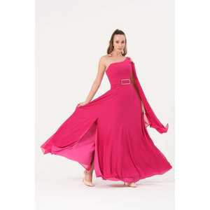 Robe de soirée élégante en mousseline à une épaule avec superposition transparente, coupe trapèze, taille empire, couleur Saks - Product Image 2