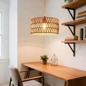 Lámpara colgante de ratán, cilíndrica redonda, E27, pantalla grande para sala de estar, comedor, LED, fácil instalación - Product Image 4