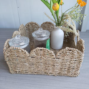 Panier de rangement rectangulaire en paille tressée style nordique, fait main, organisateur de bureau, couleur naturelle, jacinthe d'eau, été 2023 - Product Image 2