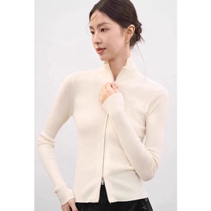 Cárdigan de punto con cuello alto y doble cremallera para mujer, suéter base ajustado de cuello medio alto para otoño e invierno - Product Image 4
