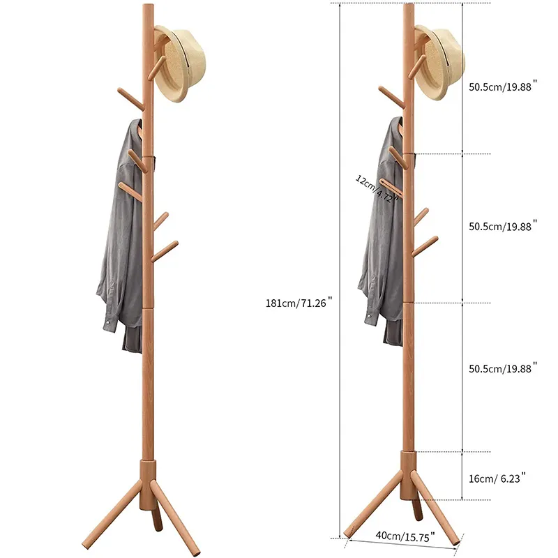 Prateleira de madeira para chapéu, 3 pés de madeira para carregar guarda-chuva (8 ganchos), montagem simples, madeira de falha de tecido,